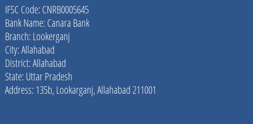Canara Bank Lookerganj Branch Allahabad IFSC Code CNRB0005645