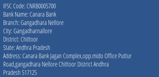 Canara Bank Gangadhara Nellore Branch Chittoor IFSC Code CNRB0005700