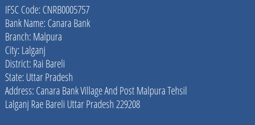 Canara Bank Malpura Branch Rai Bareli IFSC Code CNRB0005757