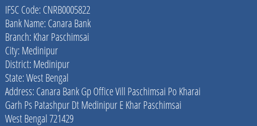 Canara Bank Khar Paschimsai Branch Medinipur IFSC Code CNRB0005822