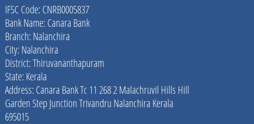 Canara Bank Nalanchira Branch, Branch Code 005837 & IFSC Code CNRB0005837
