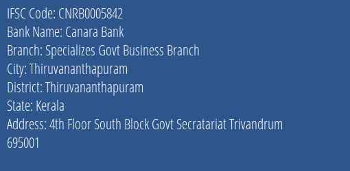 Canara Bank Specializes Govt Business Branch Branch IFSC Code