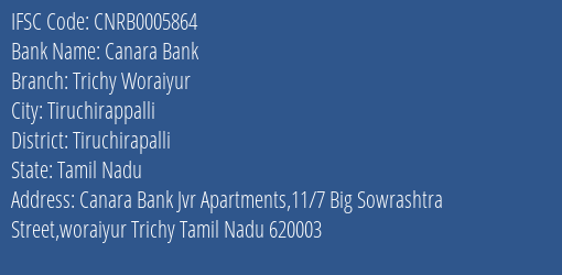Canara Bank Trichy Woraiyur Branch Tiruchirapalli IFSC Code CNRB0005864