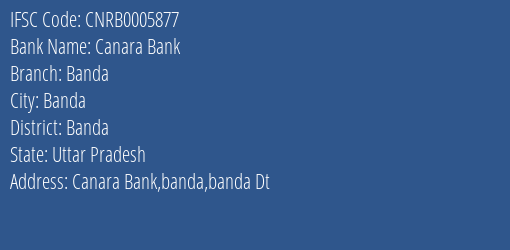 Canara Bank Banda Branch, Branch Code 005877 & IFSC Code CNRB0005877
