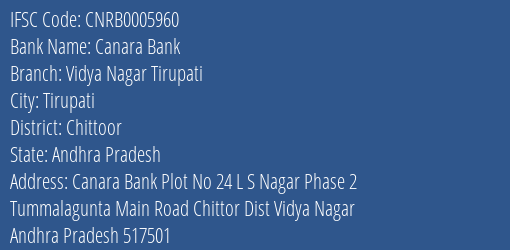 Canara Bank Vidya Nagar Tirupati Branch Chittoor IFSC Code CNRB0005960