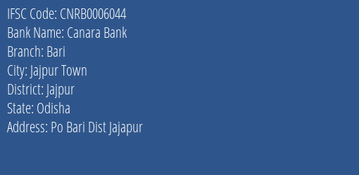 Canara Bank Bari Branch Jajpur IFSC Code CNRB0006044