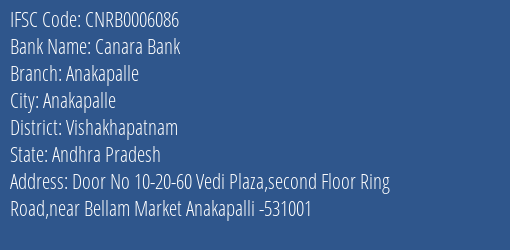 Canara Bank Anakapalle Branch Vishakhapatnam IFSC Code CNRB0006086