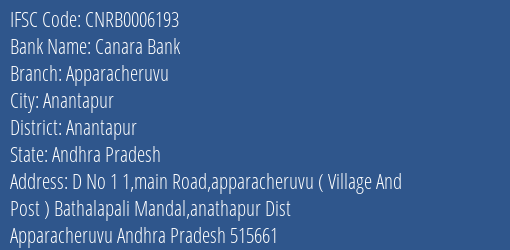 Canara Bank Apparacheruvu Branch, Branch Code 006193 & IFSC Code CNRB0006193