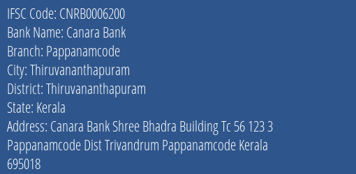 Canara Bank Pappanamcode Branch, Branch Code 006200 & IFSC Code CNRB0006200