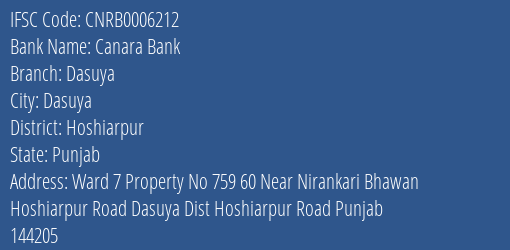 Canara Bank Dasuya Branch Hoshiarpur IFSC Code CNRB0006212