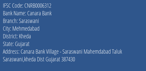 Canara Bank Saraswani Branch Kheda IFSC Code CNRB0006312