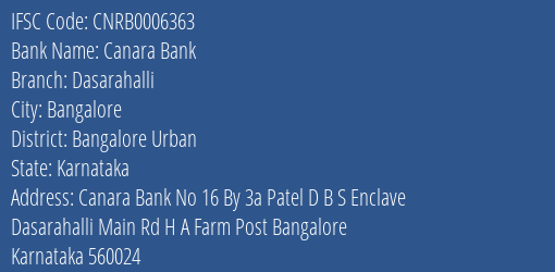 Canara Bank Dasarahalli Branch Bangalore Urban IFSC Code CNRB0006363