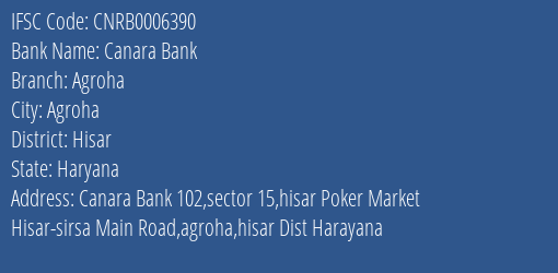 Canara Bank Agroha Branch Hisar IFSC Code CNRB0006390