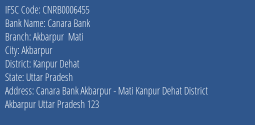 Canara Bank Akbarpur Mati Branch, Branch Code 006455 & IFSC Code CNRB0006455