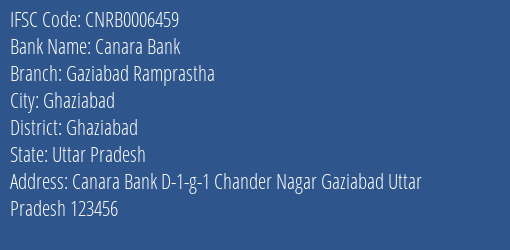 Canara Bank Gaziabad Ramprastha Branch, Branch Code 006459 & IFSC Code CNRB0006459