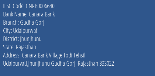 Canara Bank Gudha Gorji Branch Jhunjhunu IFSC Code CNRB0006640