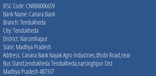 Canara Bank Tendukheda Branch, Branch Code 006659 & IFSC Code CNRB0006659