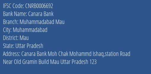 Canara Bank Muhammadabad Mau Branch Mau IFSC Code CNRB0006692