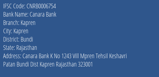 Canara Bank Kapren Branch Bundi IFSC Code CNRB0006754