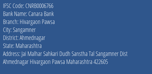 Canara Bank Hivargaon Pawsa Branch, Branch Code 006766 & IFSC Code CNRB0006766