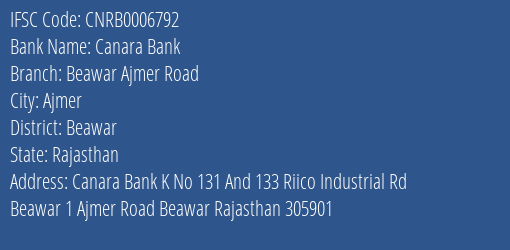 Canara Bank Beawar Ajmer Road Branch IFSC Code