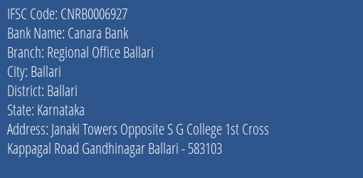 Canara Bank Regional Office Ballari Branch Ballari IFSC Code CNRB0006927