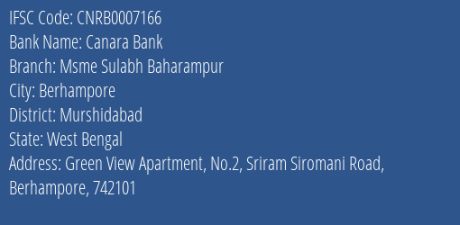 Canara Bank Msme Sulabh Baharampur Branch Murshidabad IFSC Code CNRB0007166