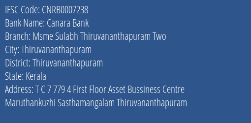Canara Bank Msme Sulabh Thiruvananthapuram Two Branch IFSC Code