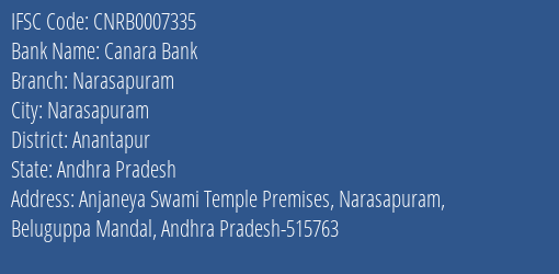 Canara Bank Narasapuram Branch, Branch Code 007335 & IFSC Code CNRB0007335
