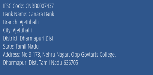 Canara Bank Ajettihalli Branch Dharmapuri Dist IFSC Code CNRB0007437