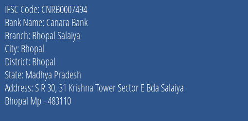 Canara Bank Bhopal Salaiya Branch Bhopal IFSC Code CNRB0007494