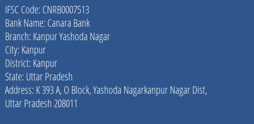 Canara Bank Kanpur Yashoda Nagar Branch IFSC Code