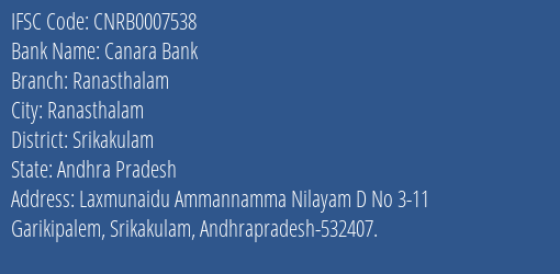 Canara Bank Ranasthalam Branch Srikakulam IFSC Code CNRB0007538
