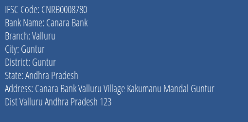 Canara Bank Valluru Branch Guntur IFSC Code CNRB0008780