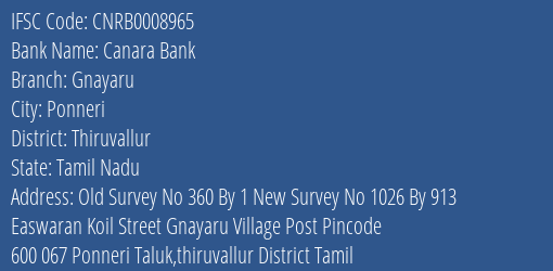 Canara Bank Gnayaru Branch Thiruvallur IFSC Code CNRB0008965