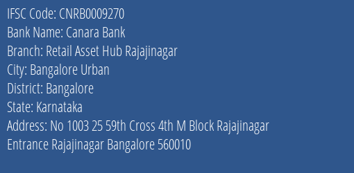 Canara Bank Retail Asset Hub Rajajinagar Branch, Branch Code 009270 & IFSC Code CNRB0009270