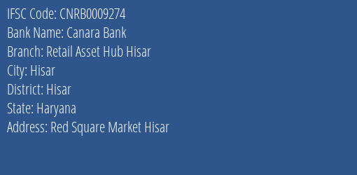 Canara Bank Retail Asset Hub Hisar Branch Hisar IFSC Code CNRB0009274