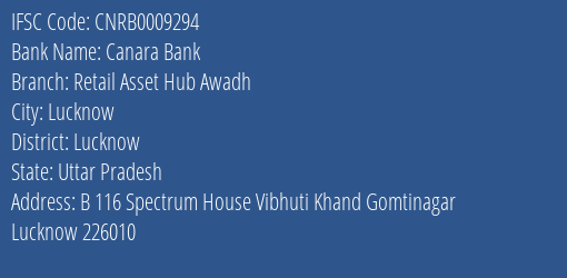Canara Bank Retail Asset Hub Awadh Branch, Branch Code 009294 & IFSC Code Cnrb0009294