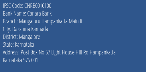 Canara Bank Mangaluru Hampankatta Main Ii Branch, Branch Code 010100 & IFSC Code CNRB0010100
