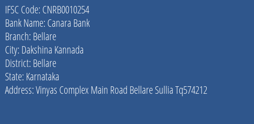 Canara Bank Bellare Branch Bellare IFSC Code CNRB0010254