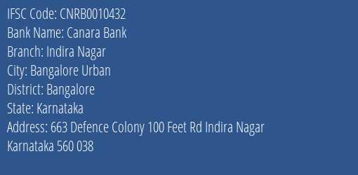 Canara Bank Indira Nagar Branch Bangalore IFSC Code CNRB0010432