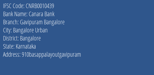 Canara Bank Gavipuram Bangalore Branch Bangalore IFSC Code CNRB0010439