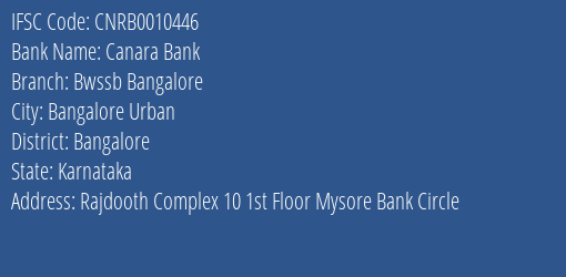 Canara Bank Bwssb Bangalore Branch Bangalore IFSC Code CNRB0010446