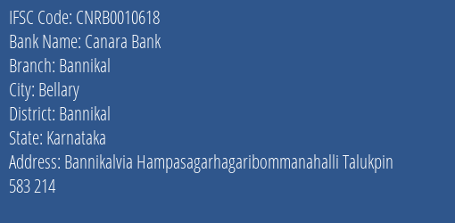 Canara Bank Bannikal Branch Bannikal IFSC Code CNRB0010618