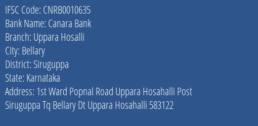 Canara Bank Uppara Hosalli Branch Siruguppa IFSC Code CNRB0010635