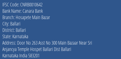 Canara Bank Hosapete Main Bazar Branch Ballari IFSC Code CNRB0010642