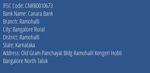 Canara Bank Ramohalli Branch Ramohalli IFSC Code CNRB0010673