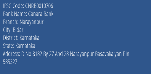 Canara Bank Narayanpur Branch Karnataka IFSC Code CNRB0010706