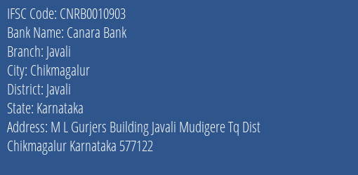 Canara Bank Javali Branch Javali IFSC Code CNRB0010903