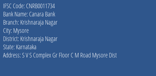Canara Bank Krishnaraja Nagar Branch, Branch Code 011734 & IFSC Code CNRB0011734